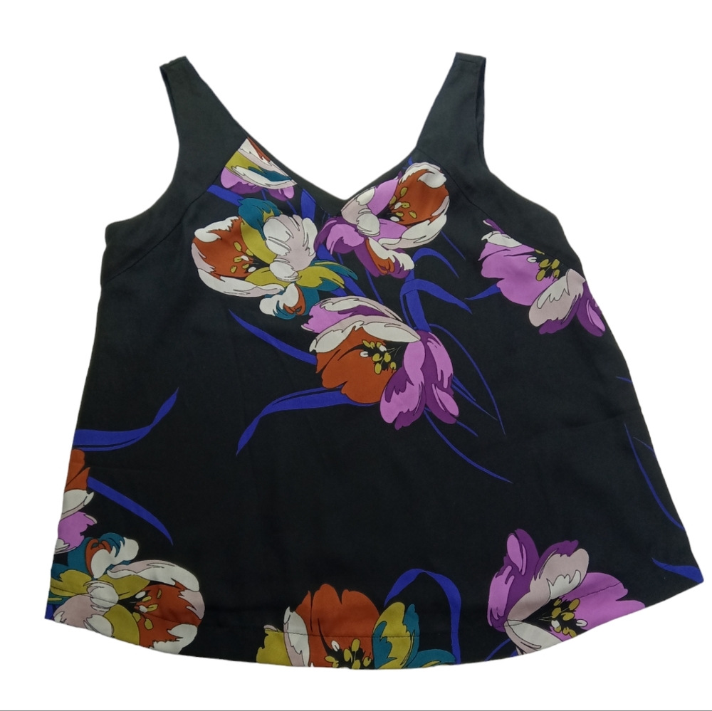 Everene Peyton Jensen Sleeveless A-Line Top Size Small Black with Colorful Print
